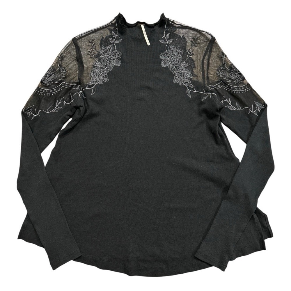Free People Shirt Women XS Black Daniella Lace Long Sleeve Relaxed Fit EUC